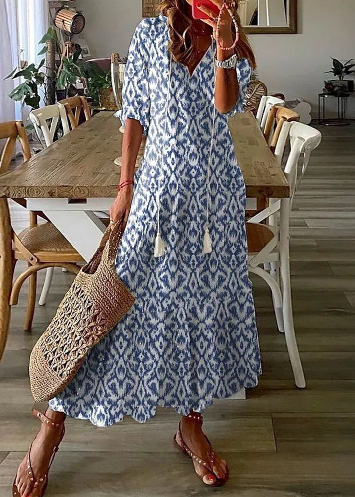Abito estivo da donna Kasey - Abito lungo leggero con stampa floreale, cintura in vita e maniche di media lunghezza