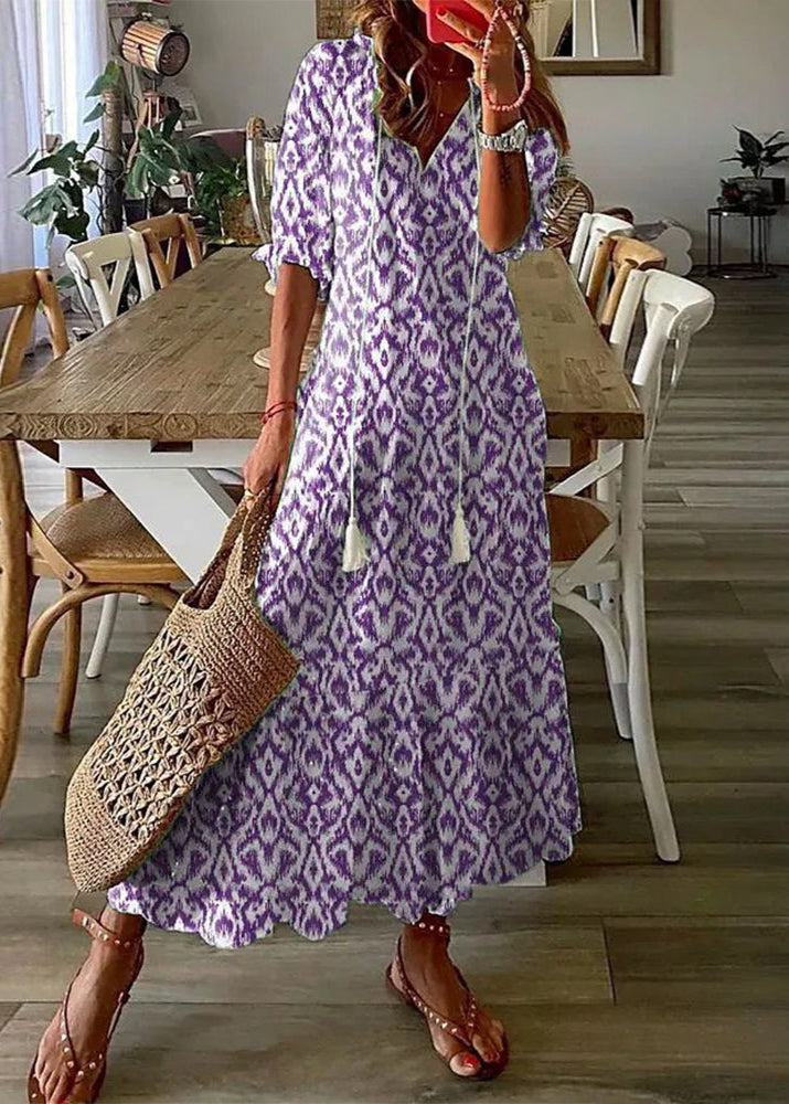 Abito estivo da donna Kasey - Abito lungo leggero con stampa floreale, cintura in vita e maniche di media lunghezza