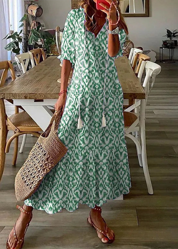 Abito estivo da donna Kasey - Abito lungo leggero con stampa floreale, cintura in vita e maniche di media lunghezza