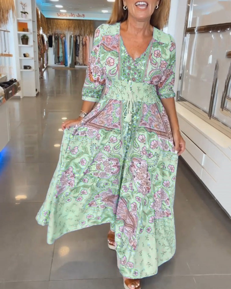 Abito da festa da donna Yelena - Abito arioso con scollo a V, maniche a 3/4 e vestibilità elegante