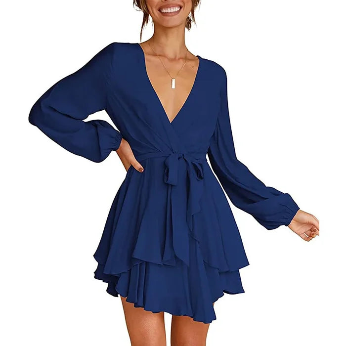 Cléo Robe Femme Courte – Robe Évasée avec Col en V, Ceinture & Manches Longues