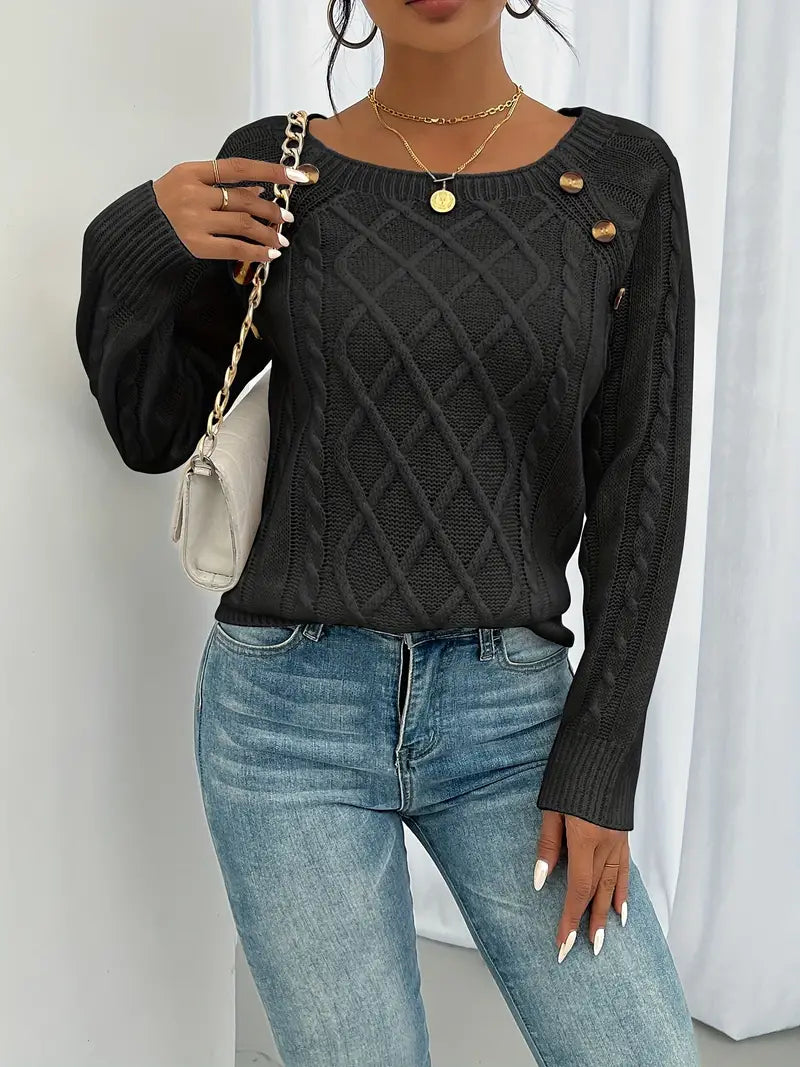 Anaiah Pull Femme Hiver avec Boutons – Élégant, Confortable & Respirant en Coton Polyester