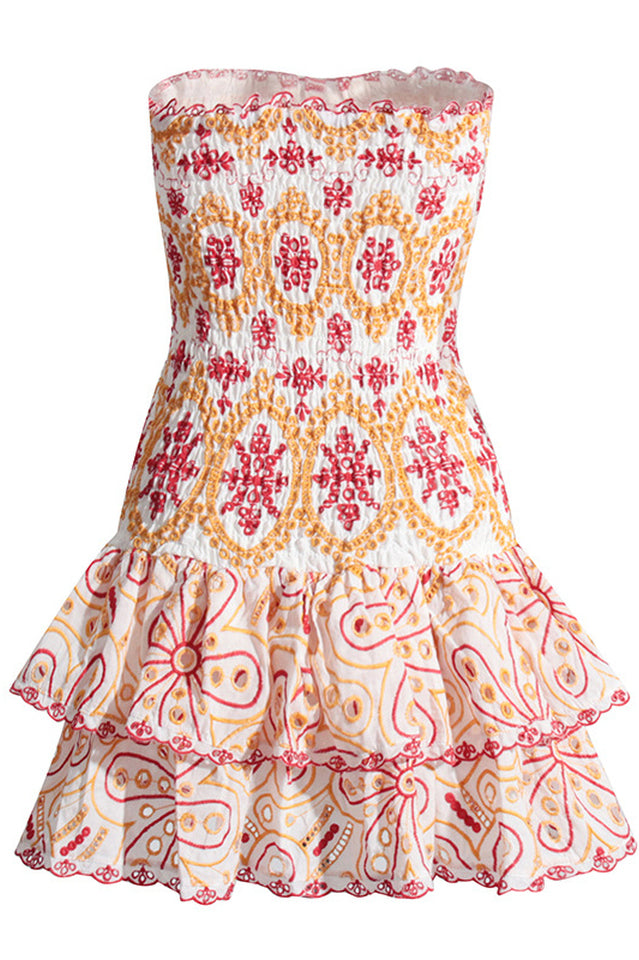 Mini abito da donna Megan - Abito bustier in cotone ricamato con top arricciato e romantiche balze