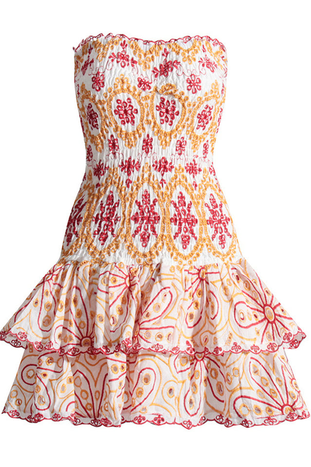 Mini abito da donna Megan - Abito bustier in cotone ricamato con top arricciato e romantiche balze