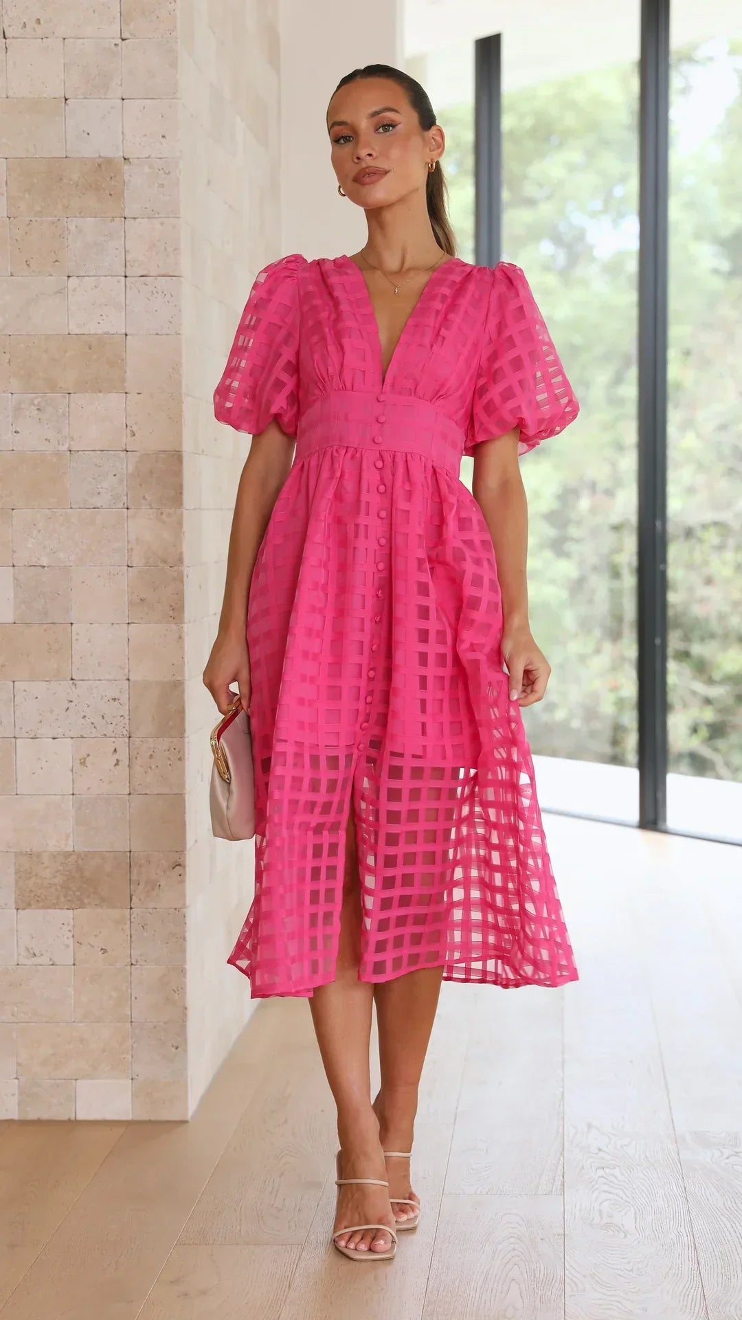 Abito midi da donna Mylene - Elegante abito a quadri con volume e colori vivaci