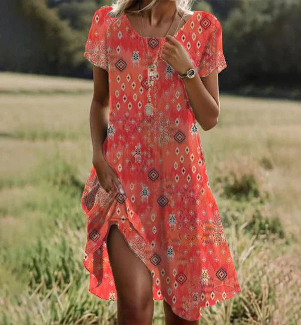 Aria Robe Midi Femme – Robe Orange à Manches Courtes, Col Rond & Confort Élégant
