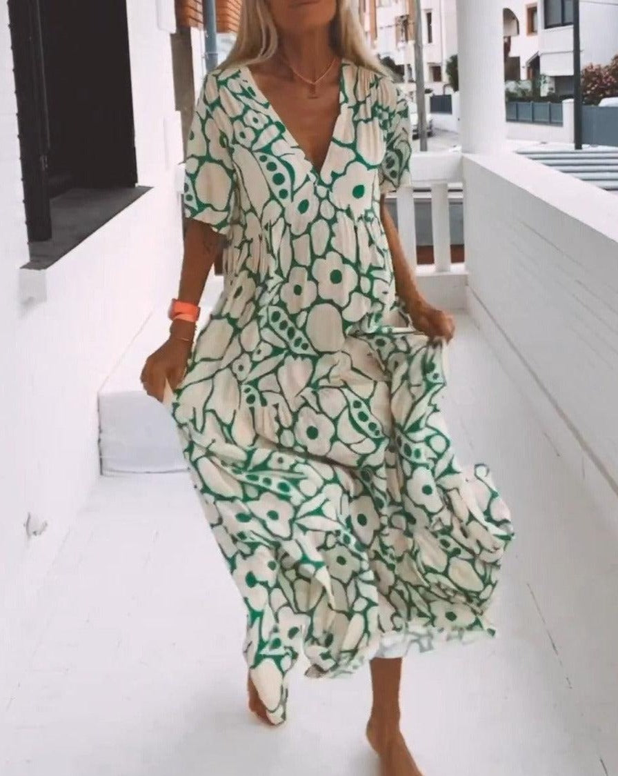 Abito lungo floreale da donna Ester - Maniche corte con volant e stampa verde crema estiva