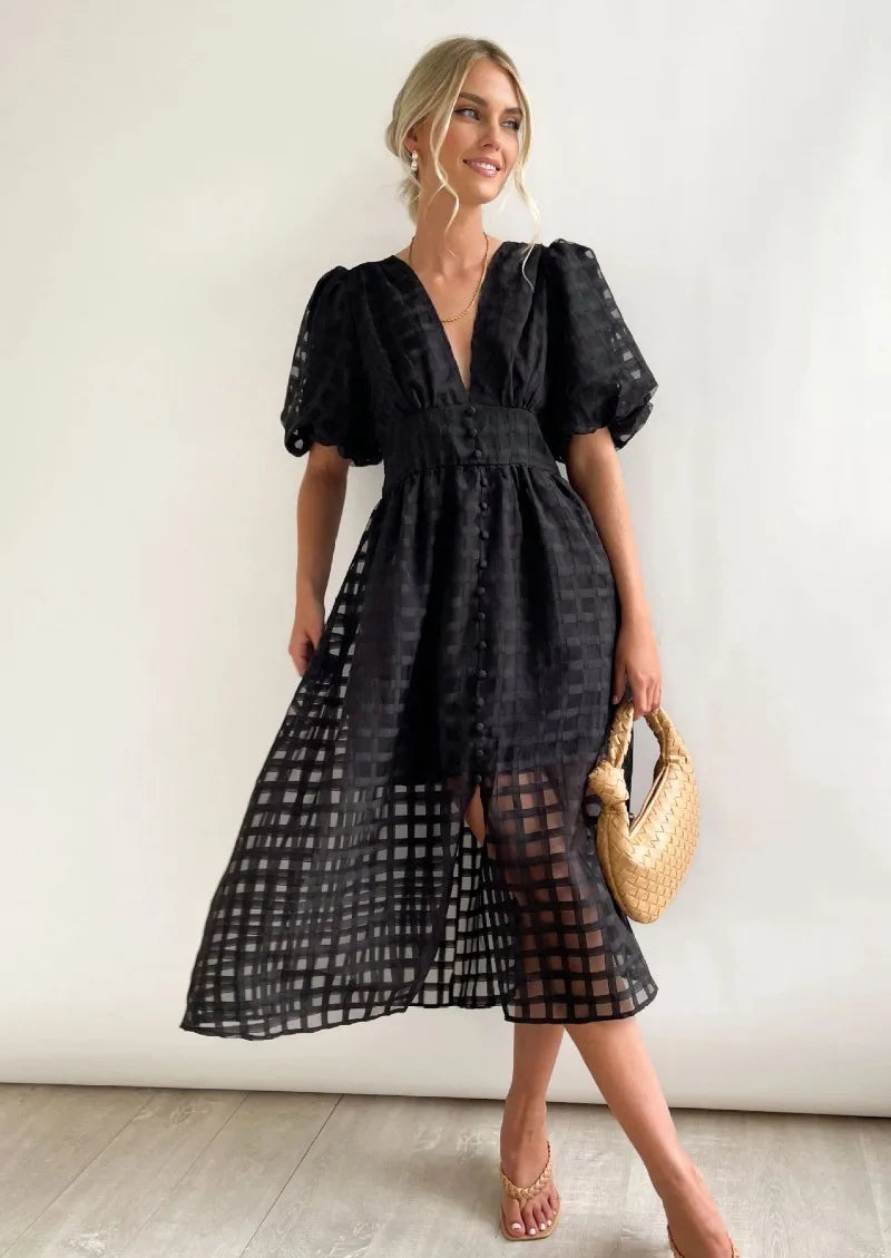 Abito midi da donna Mylene - Elegante abito a quadri con volume e colori vivaci