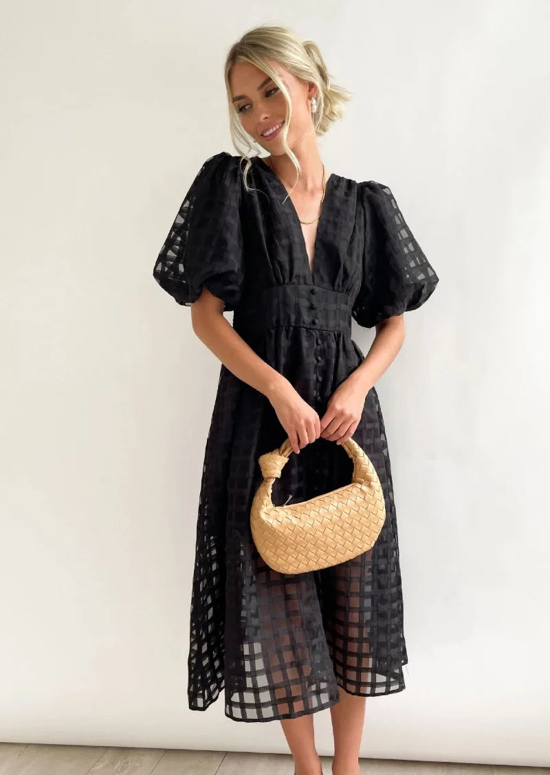 Abito midi da donna Mylene - Elegante abito a quadri con volume e colori vivaci