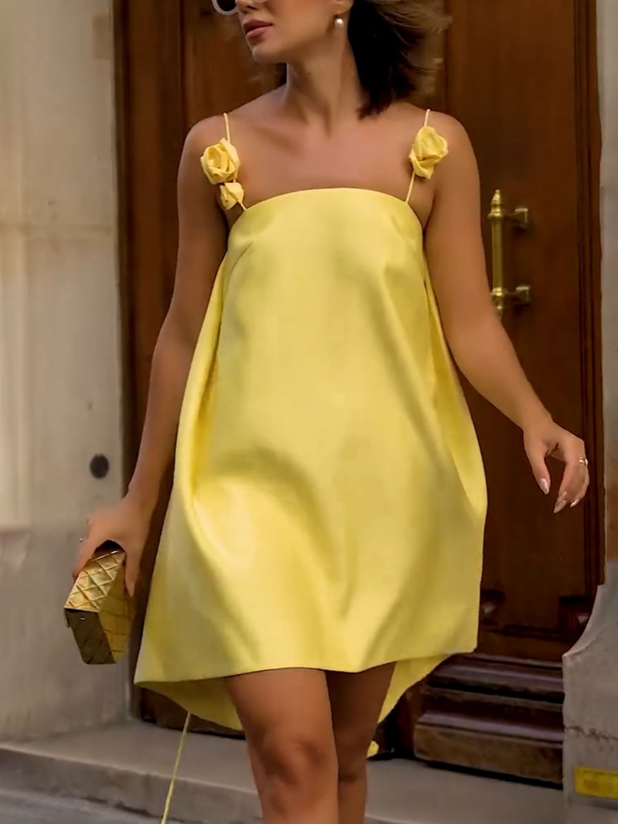 Abito estivo da donna Genesis - Abito a trapezio in cotone giallo con spalline floreali e vestibilità leggera