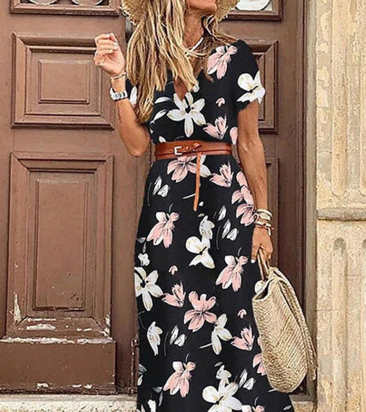Abito floreale da donna Susan - Elegante abito in poliestere con scollo a V, vestibilità comoda e stile chic