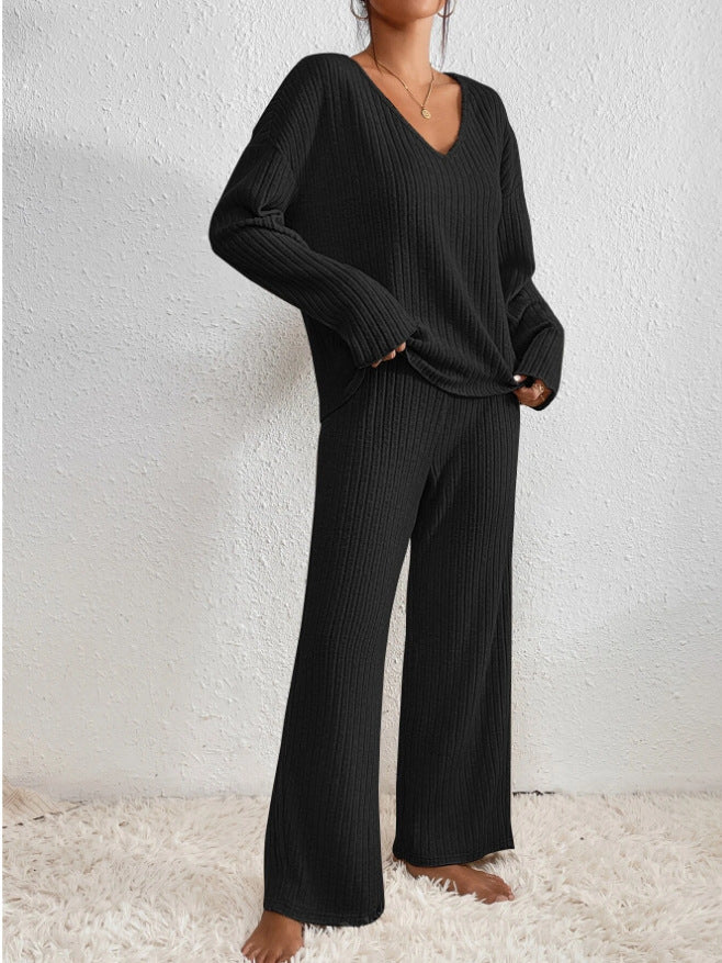 Ensemble en maille Kathy pour femme – Tenue d'intérieur confortable avec pull à col en V et pantalon doux