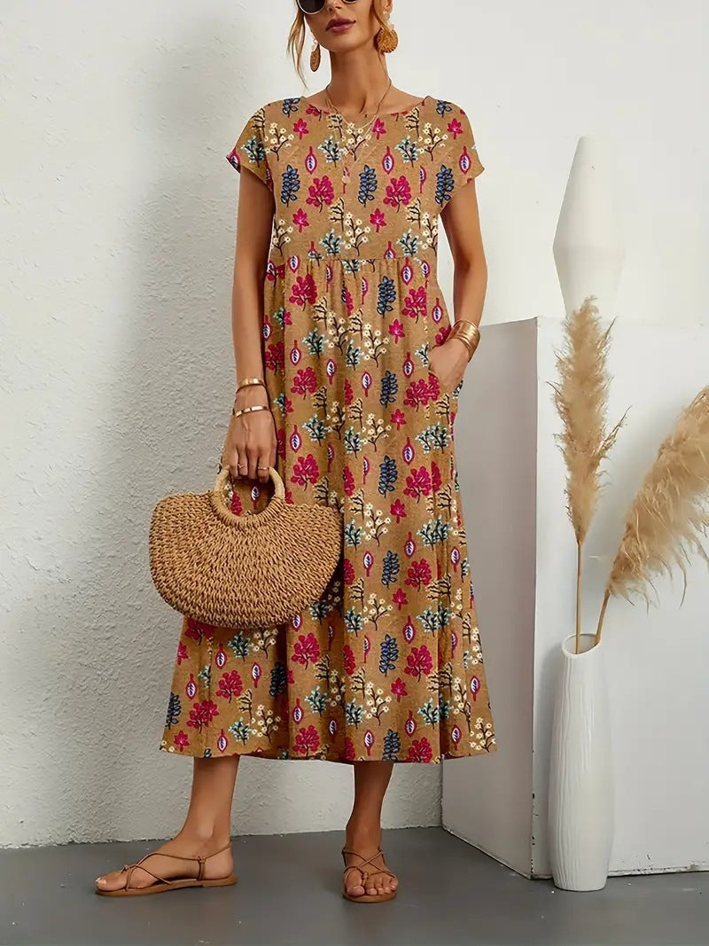 Abito midi da donna Frances - Elegante abito floreale in tessuto traspirante con vestibilità femminile