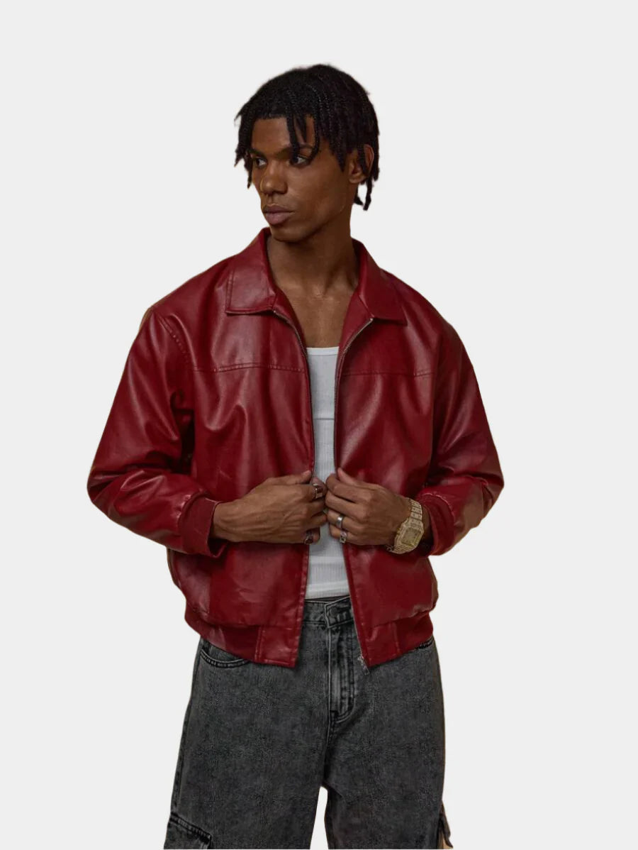 Vince Veste Homme Similicuir Rouge – Veste Zippée Moderne à Épaules Tombantes Style Urbain