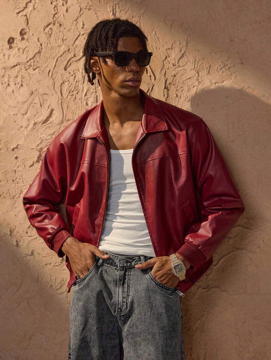 Vince Veste Homme Similicuir Rouge – Veste Zippée Moderne à Épaules Tombantes Style Urbain