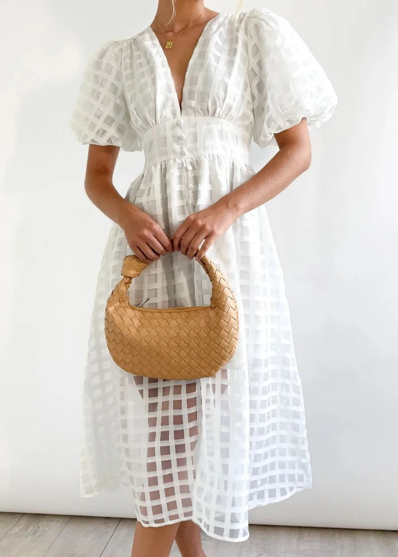 Abito midi da donna Mylene - Elegante abito a quadri con volume e colori vivaci
