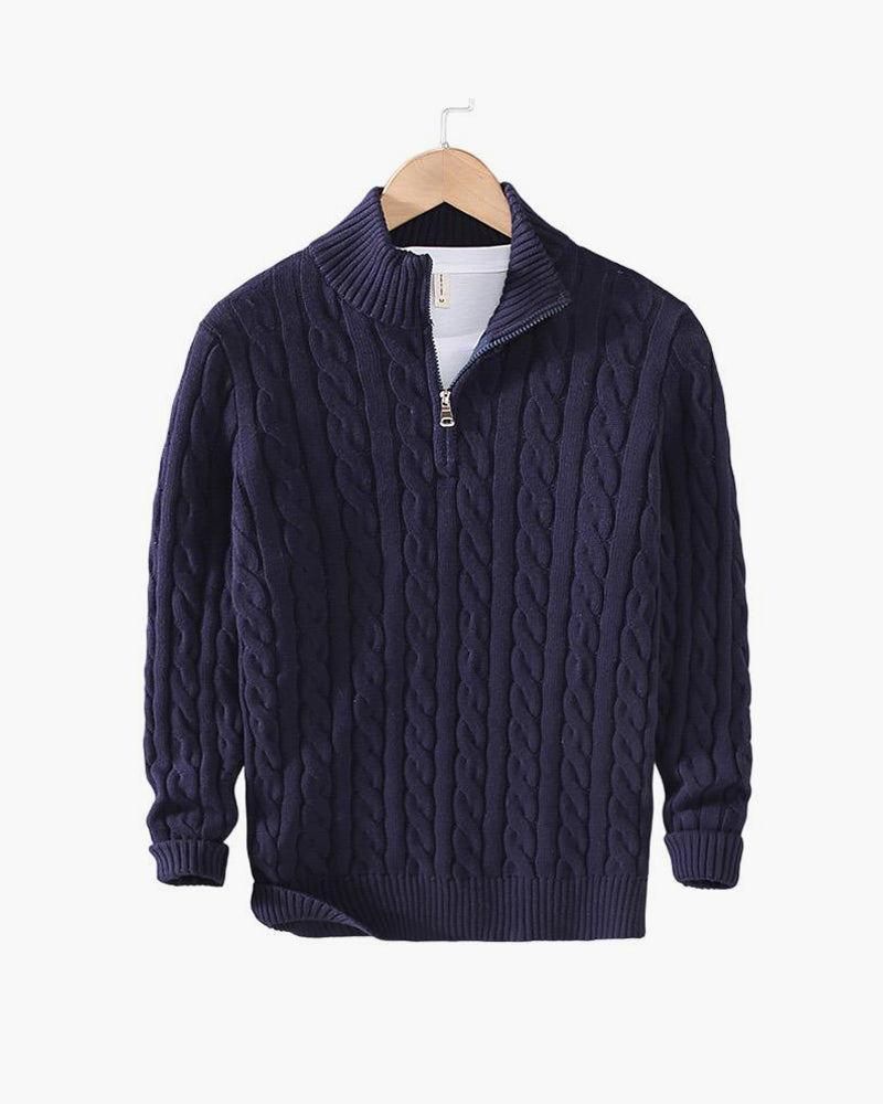 Pull Kiel Homme à Demi-Zip en Maille Torsadée – Pull Élégant à Col Montant en Mélange de Laine au Style Classique