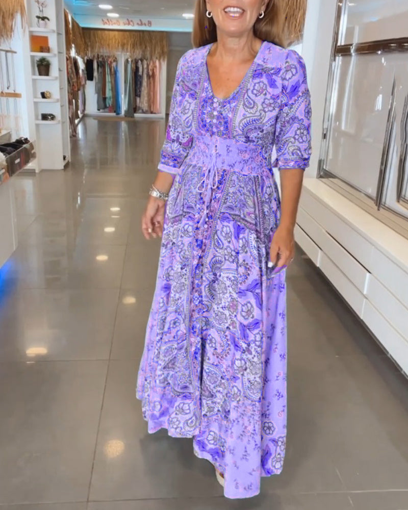 Abito da festa da donna Yelena - Abito arioso con scollo a V, maniche a 3/4 e vestibilità elegante