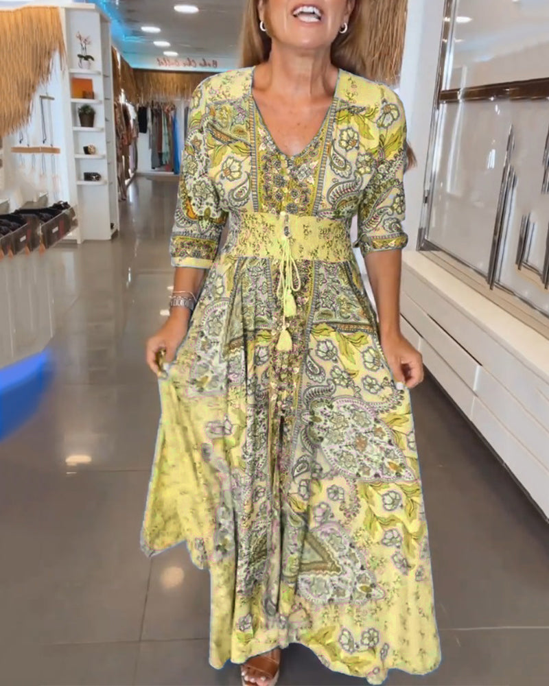 Abito da festa da donna Yelena - Abito arioso con scollo a V, maniche a 3/4 e vestibilità elegante