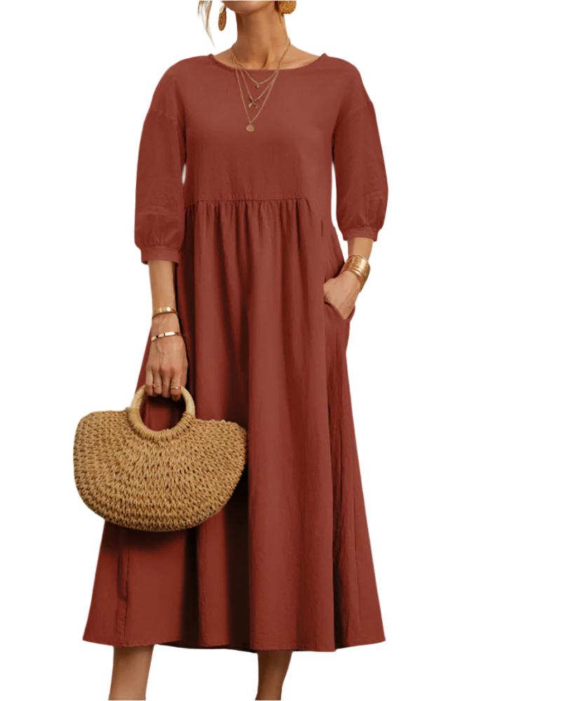 Abito midi da donna Flore - Cotone e lino traspirante, scollo rotondo, maniche a lanterna, comfort estivo