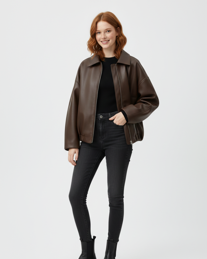 Νίνα Φόρεμα Χαλαρή Γραμμή Γυναικείο – Φερμουάρ Εμπρός, Ενσωματωμένη Ζώνη & Σύγχρονο Δερμάτινο Στυλ