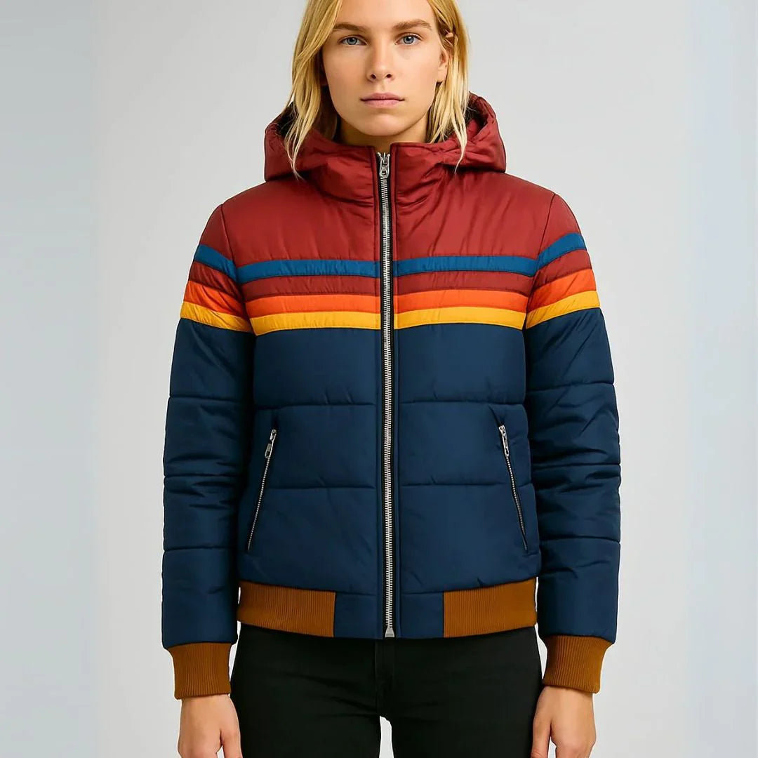 Scarlett Doudoune Femme Rétro – Manteau d’Hiver Multicolore avec Capuche et Fermeture Éclair