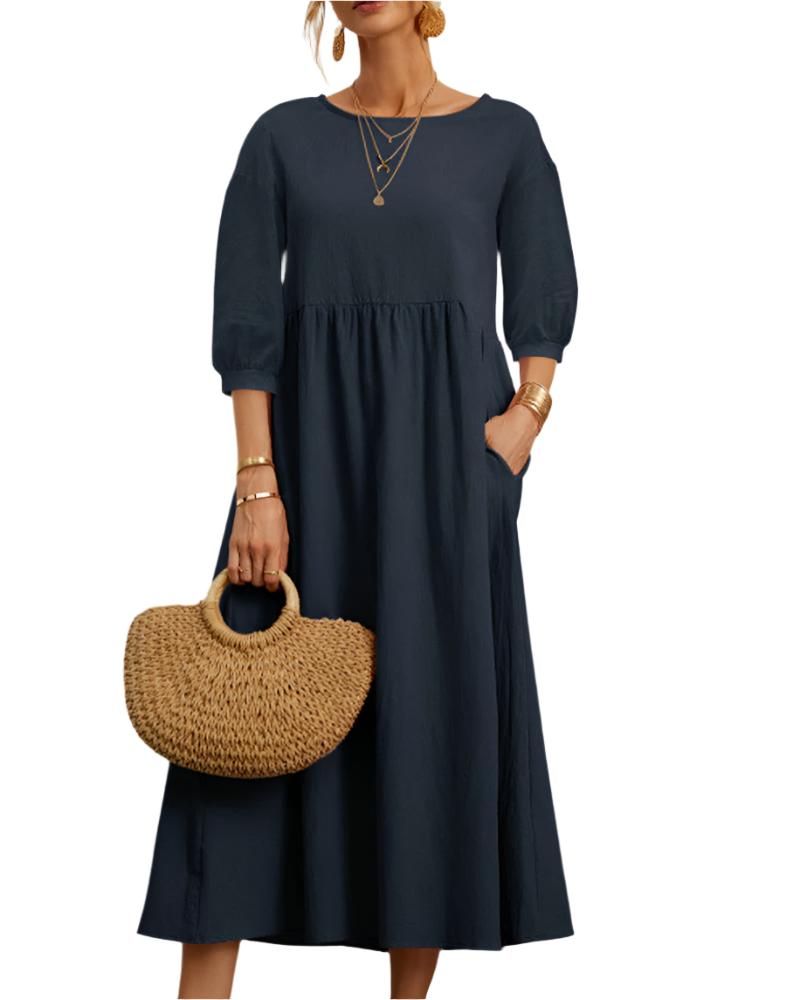 Abito midi da donna Flore - Cotone e lino traspirante, scollo rotondo, maniche a lanterna, comfort estivo