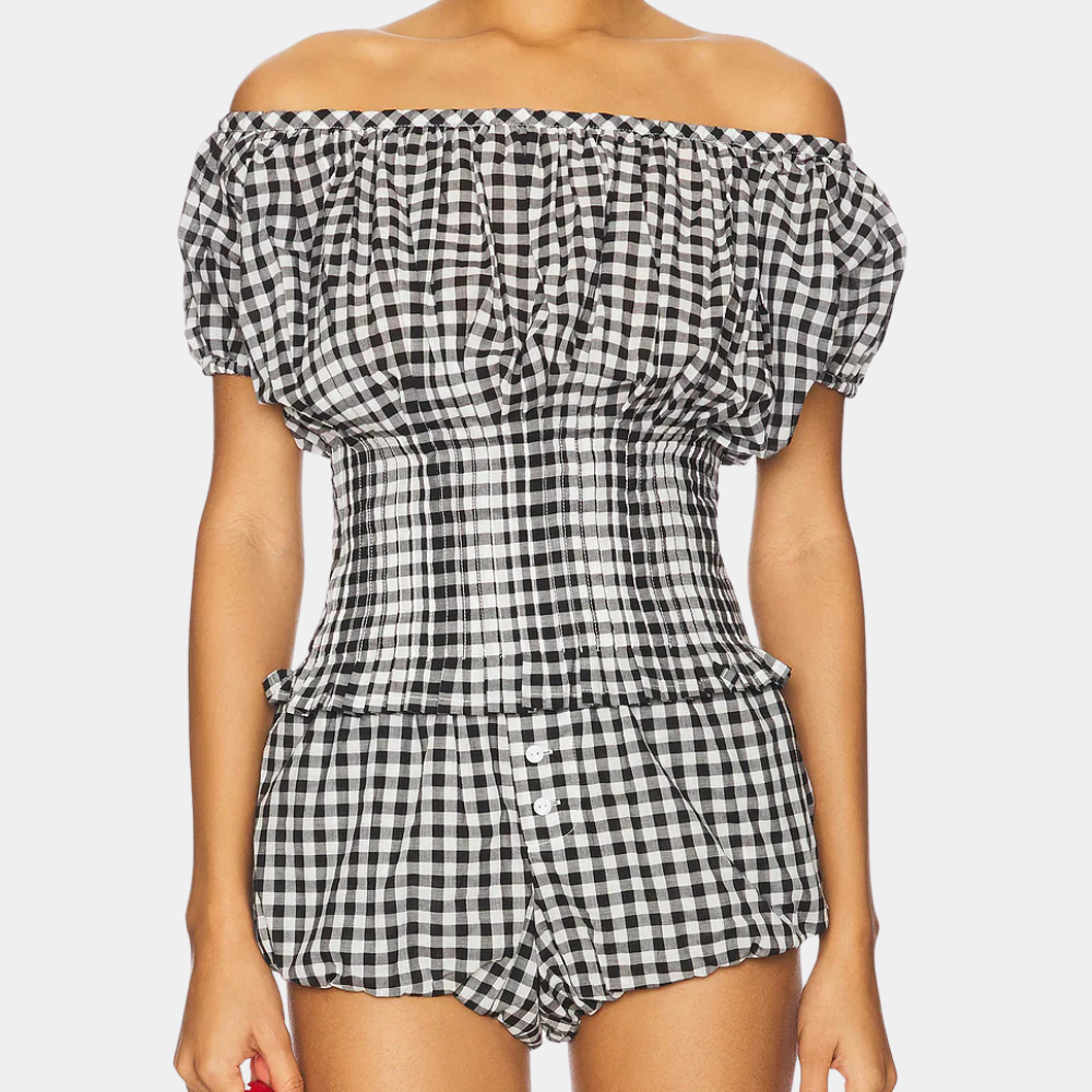 Valerine Ensemble Femme 2 Pièces – Design à Carreaux Élégant avec Haut Épaules Dénudées et Short