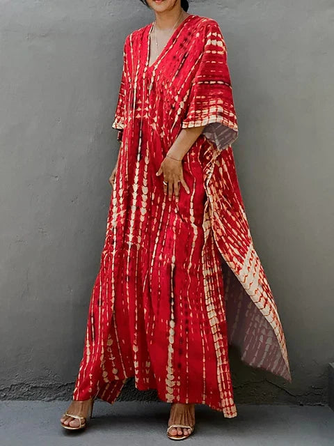 Abito caftano da donna Camille - Lungo, vestibilità ampia, scollo a V - Stile bohémien tie-dye per l'estate