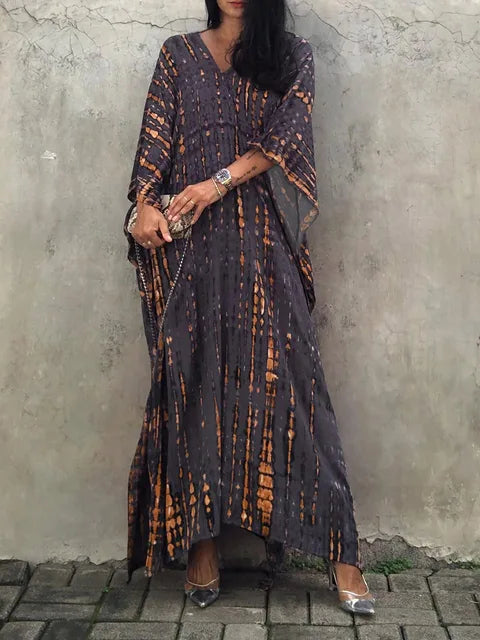 Abito caftano da donna Camille - Lungo, vestibilità ampia, scollo a V - Stile bohémien tie-dye per l'estate
