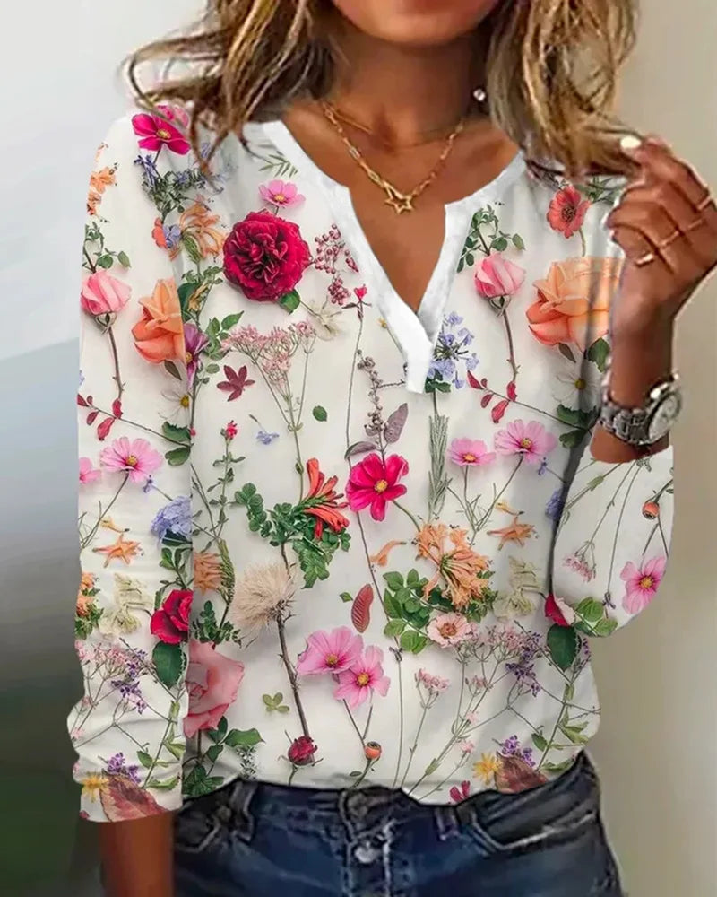 Camicetta da donna Clea - Top boho leggero con scollo a V, maniche lunghe e stampa floreale