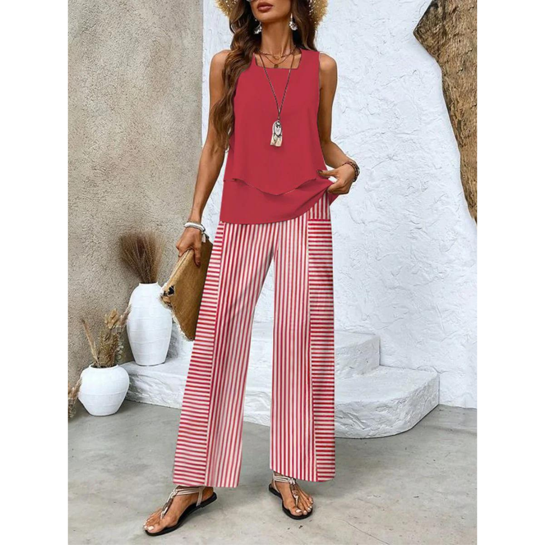 Dione Ensemble Femme – Ensemble Élégant Sans Manches avec Top Superposé & Pantalon Large