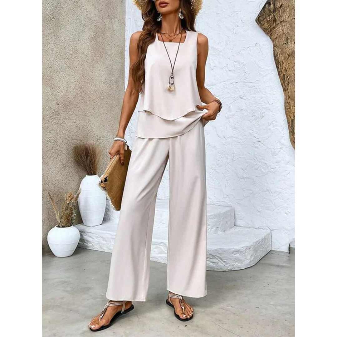 Dione Ensemble Femme – Ensemble Élégant Sans Manches avec Top Superposé & Pantalon Large