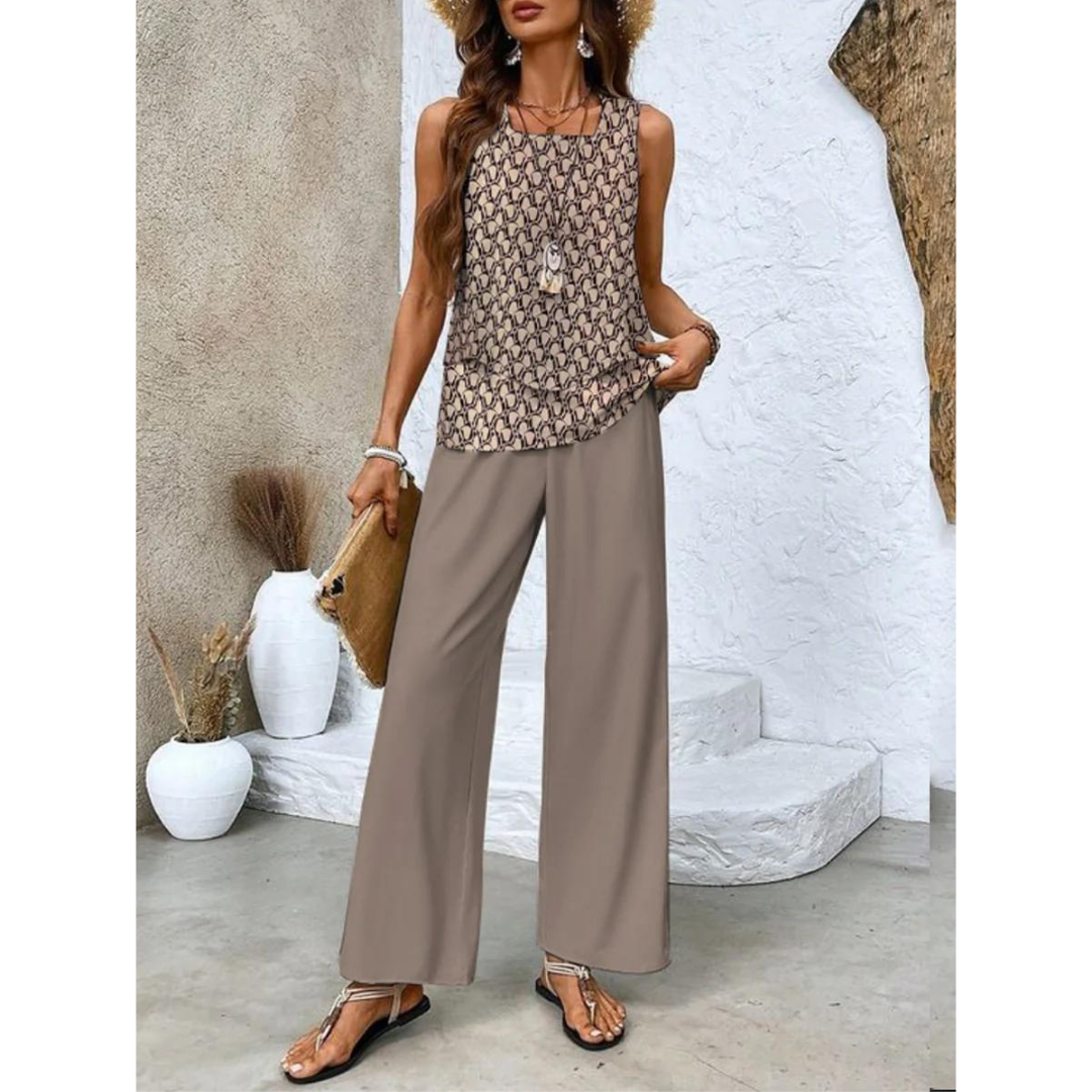 Dione Ensemble Femme – Ensemble Élégant Sans Manches avec Top Superposé & Pantalon Large