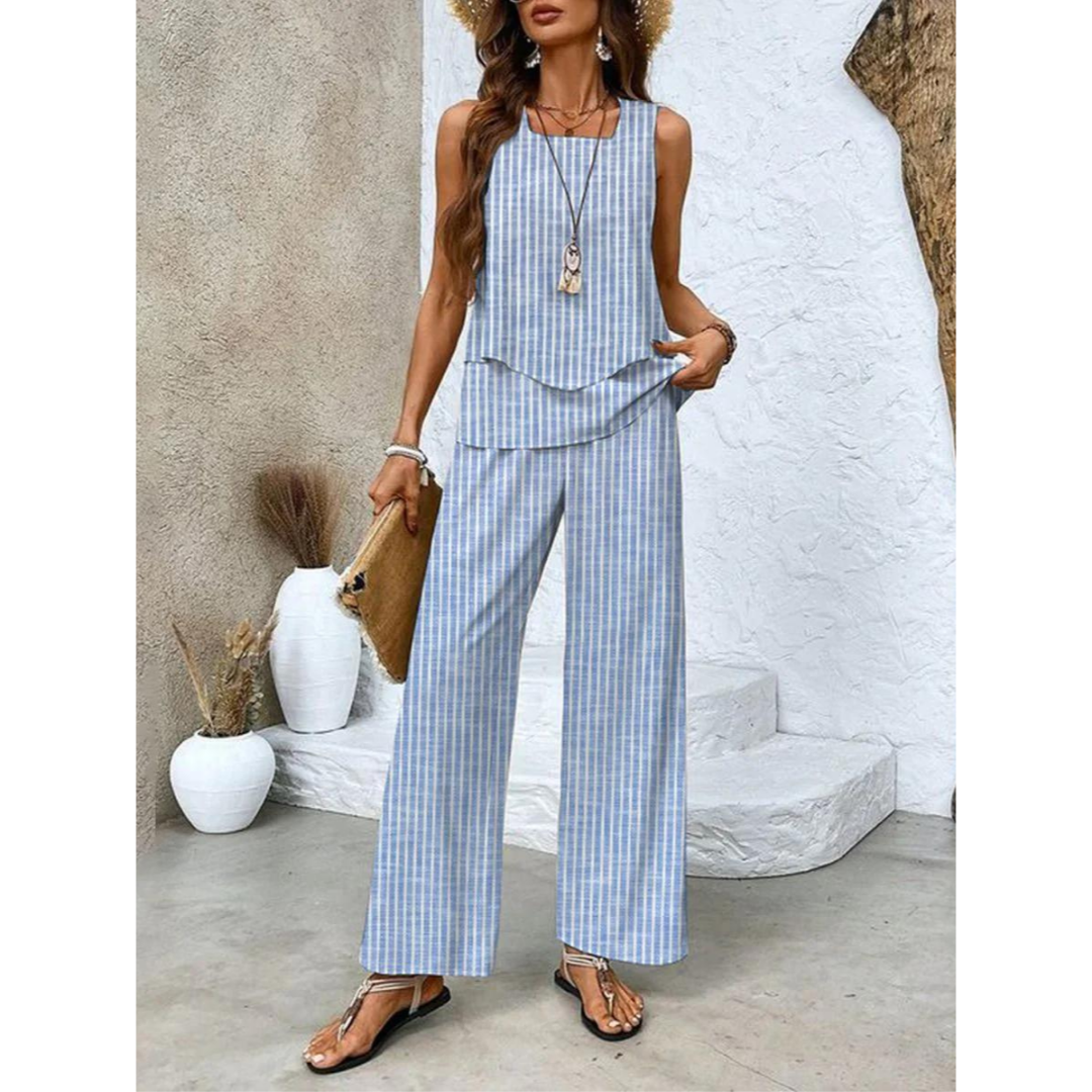 Dione Ensemble Femme – Ensemble Élégant Sans Manches avec Top Superposé & Pantalon Large