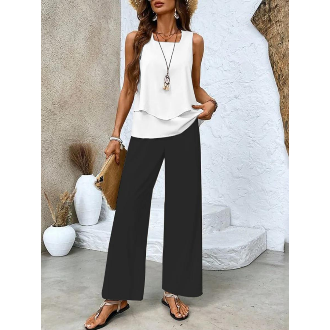 Dione Ensemble Femme – Ensemble Élégant Sans Manches avec Top Superposé & Pantalon Large