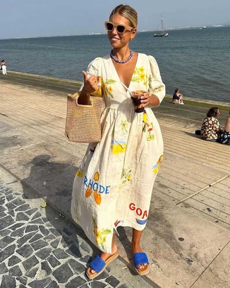 Abito in lino da donna Ara - Abito estivo midi con stampa colorata e vestibilità comoda