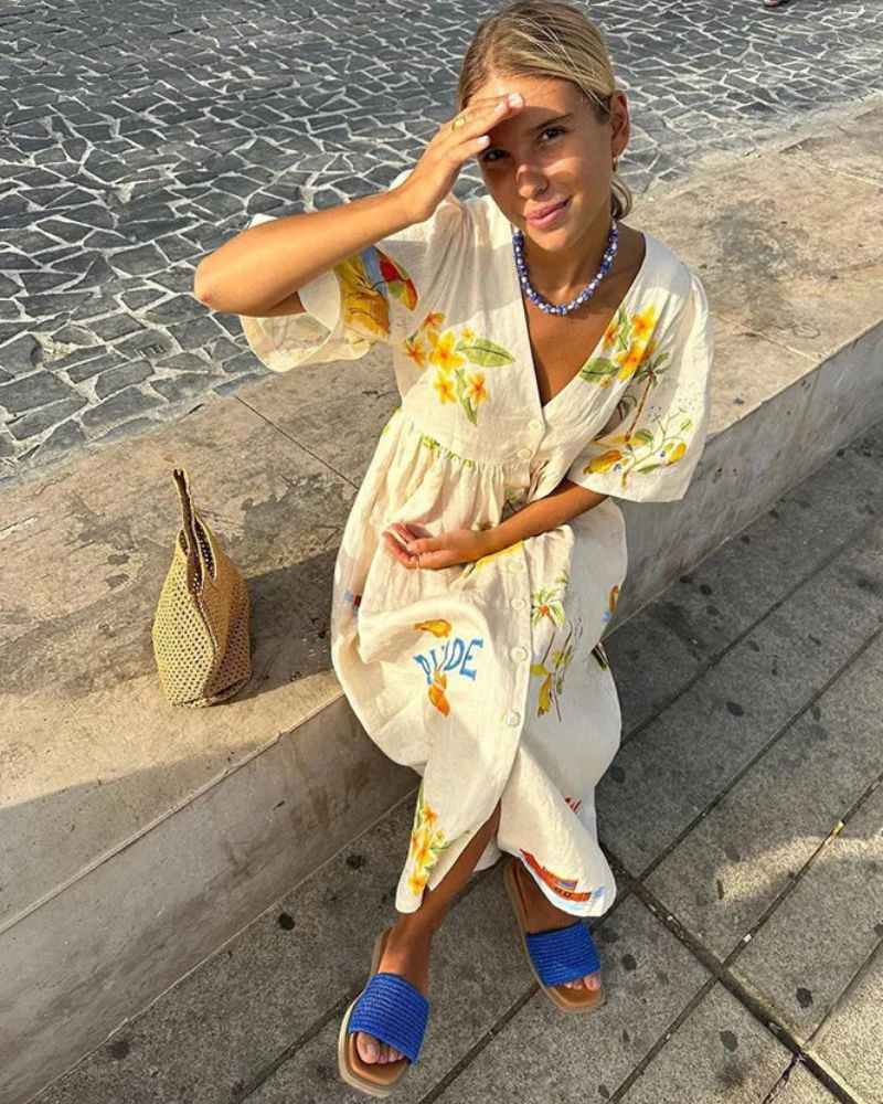 Abito in lino da donna Ara - Abito estivo midi con stampa colorata e vestibilità comoda