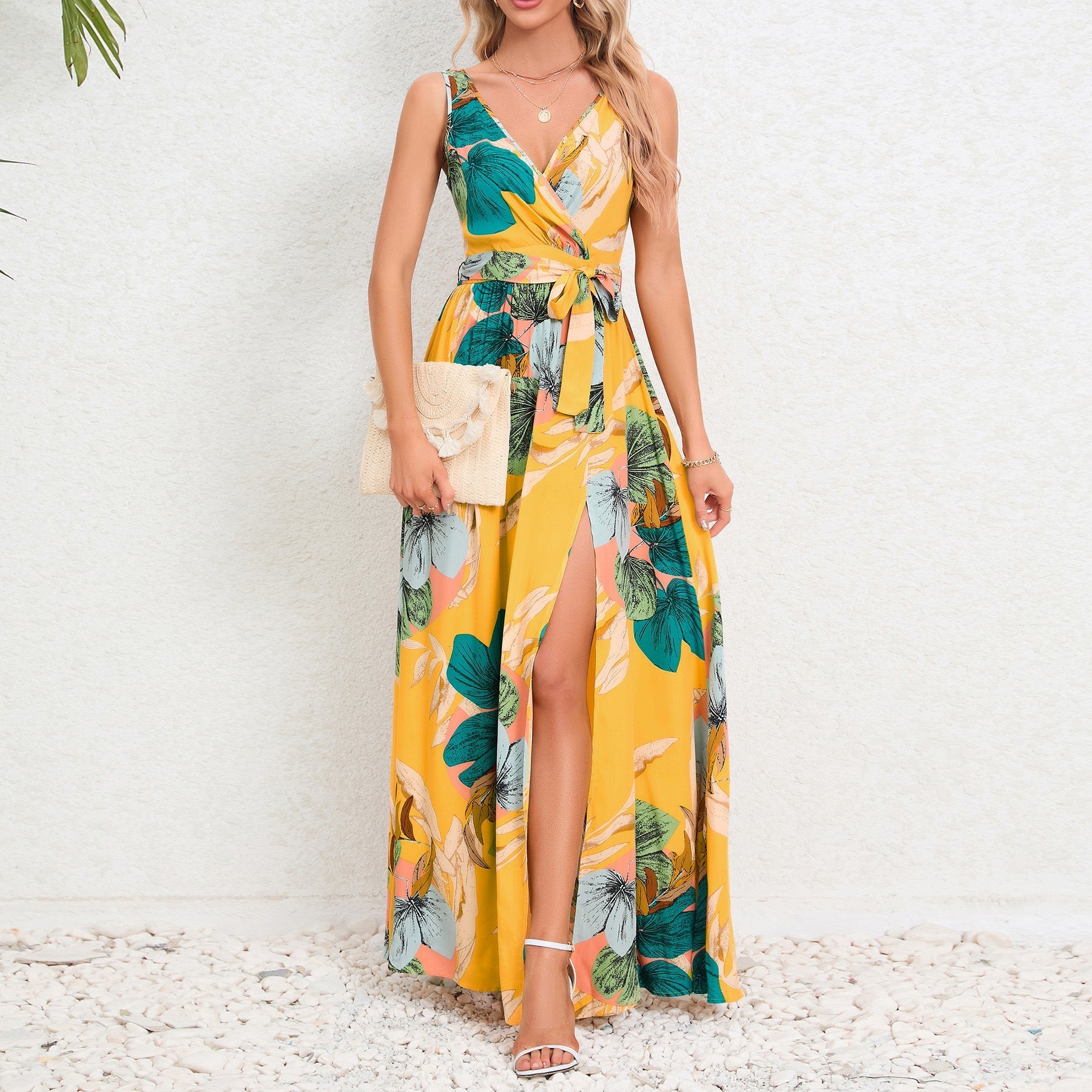 Abito lungo da donna Shirley - Abito floreale con scollo a V, cintura ed elegante spacco