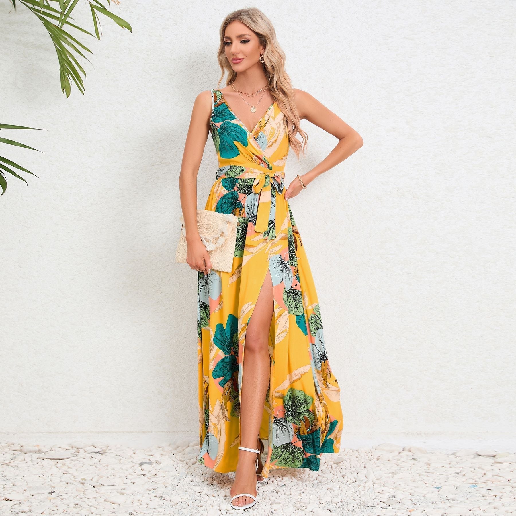 Abito lungo da donna Shirley - Abito floreale con scollo a V, cintura ed elegante spacco