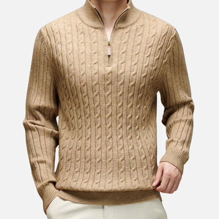 Maglione a collo alto con mezza zip e lavorazione a coste da uomo