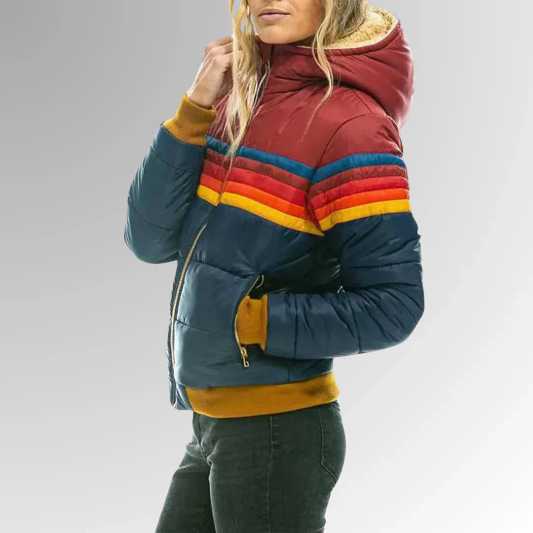 Scarlett Doudoune Femme Rétro – Manteau d’Hiver Multicolore avec Capuche et Fermeture Éclair