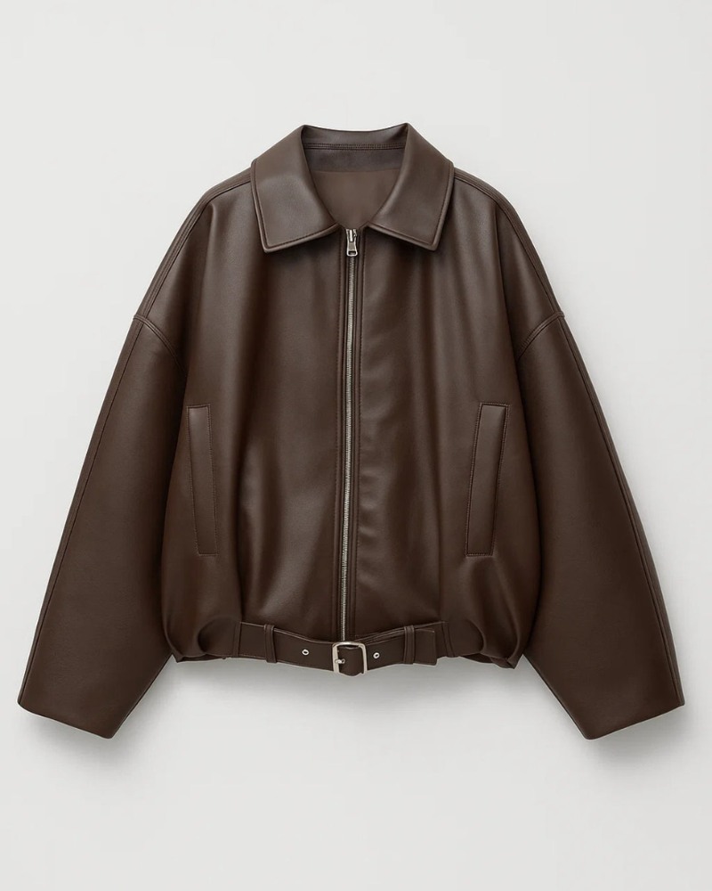 Nina Kurtka Oversize Damska – Zamek Błyskawiczny z Przodu, Wbudowany Pasek i Nowoczesny Styl Skórzany