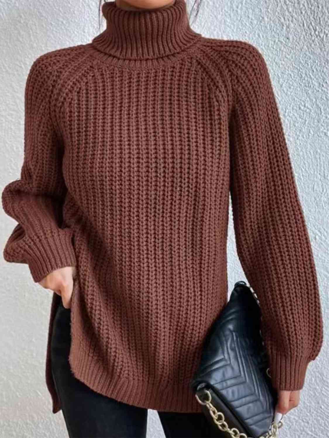 Angela Pull Femme – Pull à Col Roulé Côtelé avec Fente Latérale Chic pour Automne/Hiver Élégant