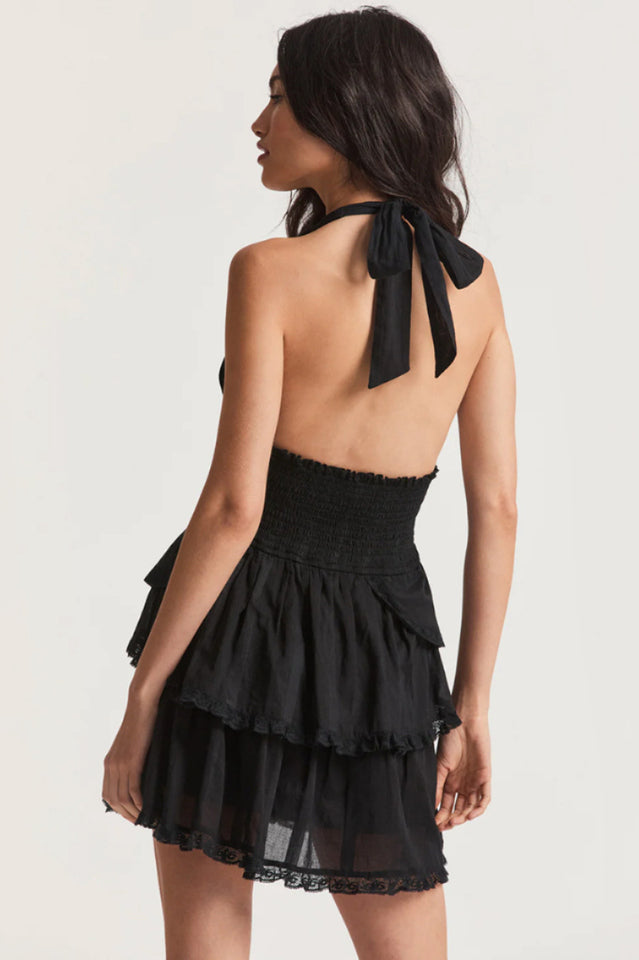 Abito da donna Deanna con scollo all'americana, scollatura profonda con lacci, stampa floreale e volant