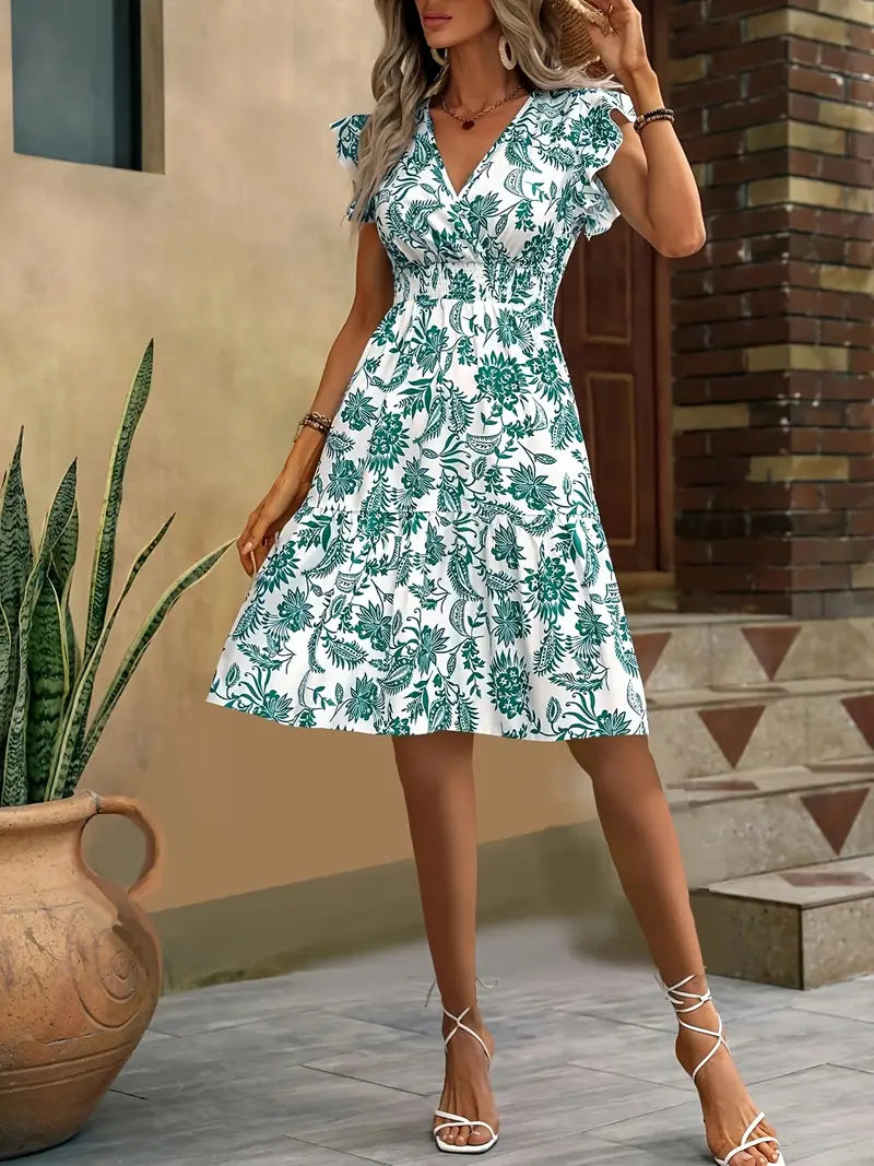 Robe d'Été Femme Lauren – Robe Élégante à Col en V avec Volants & Taille Froncée pour les Vacances