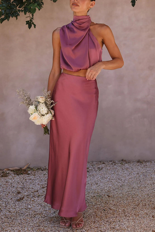 Annie Ensemble Satin Femme – Set Élégant 2 Pièces avec Haut à Manches Longues & Pantalon Taille Haute Fluide