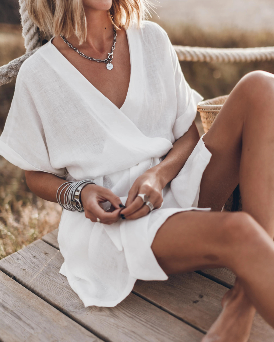 Abito kimono da donna Anny - Abito estivo leggero in lino con maniche larghe e stampa selvaggia