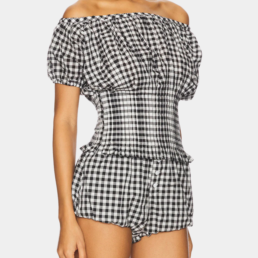 Valerine Ensemble Femme 2 Pièces – Design à Carreaux Élégant avec Haut Épaules Dénudées et Short