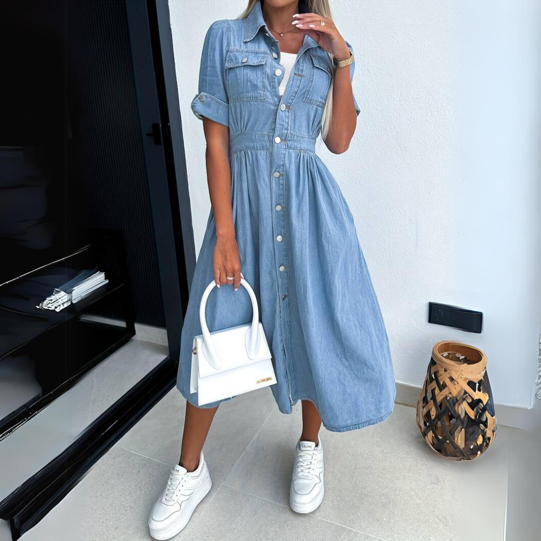 Abito in denim da donna Eloise - Abito in cotone leggero blu con taglio aderente